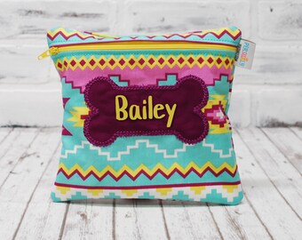 Doggie Daycare Treat Bag, Personalized Reusable Teal Tribal Dog Bone