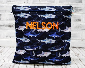 Personalized Shark Zippered Bag, Hammerhead, Whale Shark, Wet Bag, for lunch, for snacks