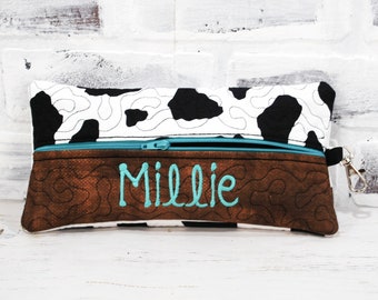 Personalized Western Style Pencil Case//Teal Cow Print Leather//Monogram//Country Girl