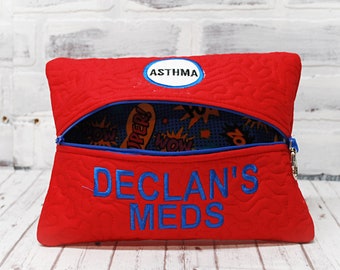 Red Blue Super Hero Personalized First Aid Pouch  Comes in 3 sizes  Custom Allergy Patches