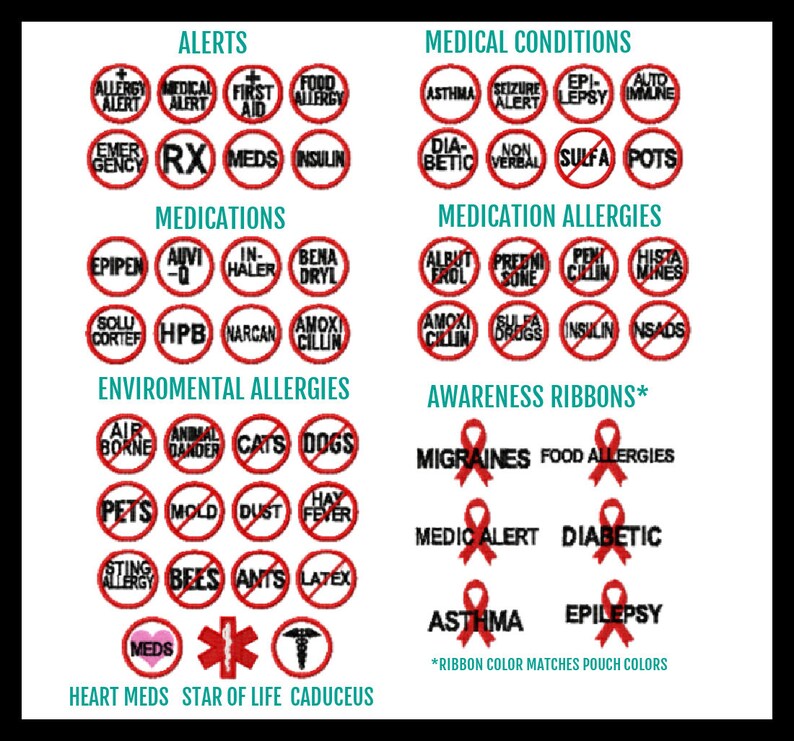 Op de afbeelding: Een verzameling ronde medische waarschuwingsiconen met rode randen en zwarte tekst, gecategoriseerd op waarschuwingen, aandoeningen, medicatie en allergie&euml;n. Bevat bewustwordingslinten met labels voor migraine, voedselallergie&euml;n en aandoeningen.
