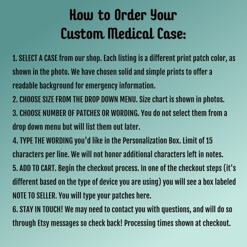 Op de afbeelding: Een groenblauw naar wit verloop met zwarte tekst getiteld How to Order Your Custom Medical Case. De tekst beschrijft zes stappen voor het selecteren van een etui, het kiezen van een maat, het opgeven van patches of tekst en het gebruik van het personalisatievak.