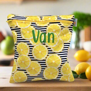 Personalized Reusable Snack Bag Bright Yellow Lemon on Navy Stripes Washable Food Safe Bag Four Sizes Kid's Bag For Summer Travel