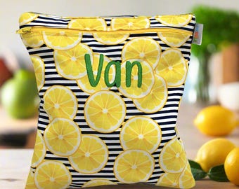 Personalized Reusable Snack Bag Bright Yellow Lemon on Navy Stripes Washable Food Safe Bag Four Sizes Kid's Bag For Summer Travel