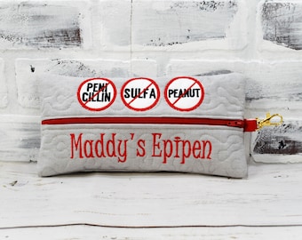 Gray Red Personalized Emergency Medication Pouch  Comes in 3 sizes  Custom Allergy Patches