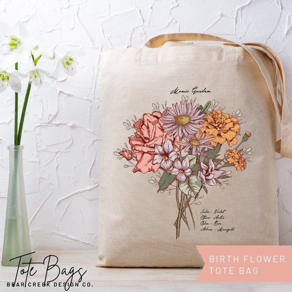 Personalized Gift for Mom Mothers Day Gift from Daughter Birth Month Flower Tote Bag Canvas Customized Mother's Day Presents Grandmas Garden