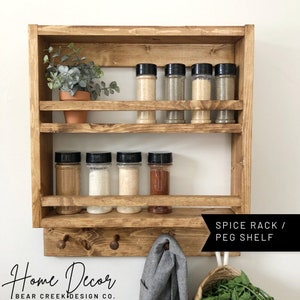 Spice Rack Wall Mount Peg Shelf Organizer for Kitchen Storage and Organization Rack with Hooks on Wood Hanging Decor Modern Rustic Farmhouse