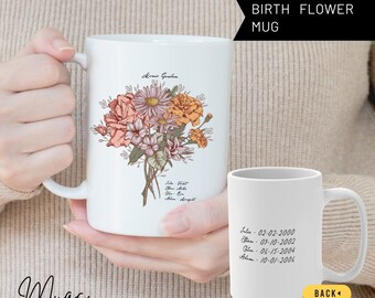 Birth Flower Mugs for Mom Personalized Gift for Her Coffee Cup Wild Flower Art for Grandma Presents Woman Birthday Friend Ideas Valentines