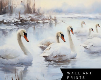 Swan Art Print Oil Painting Snowy Winter Lake Scene Swan Wall Art Decor Farmhouse Artwork Aesthetic Room Decor Cottage Artwork for Walls