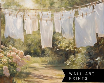 Sheets Hanging on Clothesline Laundry Room Art Print Painting Landscape Wall Art Modern Farmhouse Artwork with Flowers Nature Spring Scenery