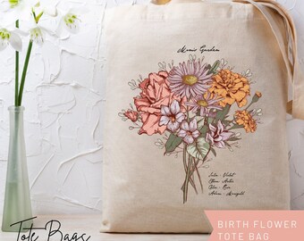 Personalized Gift for Mom Mothers Day Gift from Daughter Birth Month Flower Tote Bag Canvas Customized Mother's Day Presents Grandmas Garden