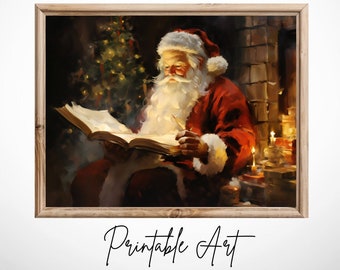 Vintage Christmas Wallart Santa Reading Book Printable Christmas Oil Painting Cottagecore Decor Academia Christmas Decor Winter Print