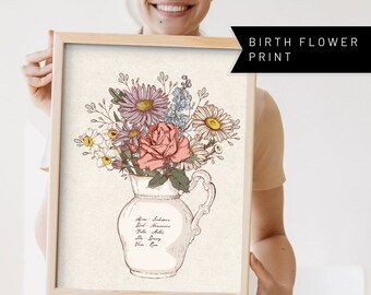 Last minute Gift Ships next day Personalized Family Birth Month Flower Bouquet Poster Print Floral Wall Art Aesthetic Gifts for Women Unique