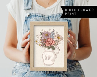 Personalized Family Birth Month Flower Bouquet Poster Print Last minute Gift Ships next day Floral Wall Art Aesthetic Gifts for Women Unique