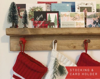 Holiday Card Holder Stocking Holder, Shelf with Pegs Hooks, Christmas Card Display, Farmhouse Christmas Decor, Wooden Peg Rack