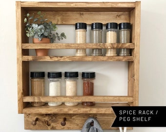 Spice Rack Wall Mount Peg Shelf Organizer for Kitchen Storage and Organization Rack with Hooks on Wood Hanging Decor Modern Rustic Farmhouse