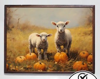 Sheep Digital Print Fall Meadow Painting Pumpkin Print Vintage Sheep Oil Painting Lambs in Field Shepherd Painting Neutral Downloadable Art