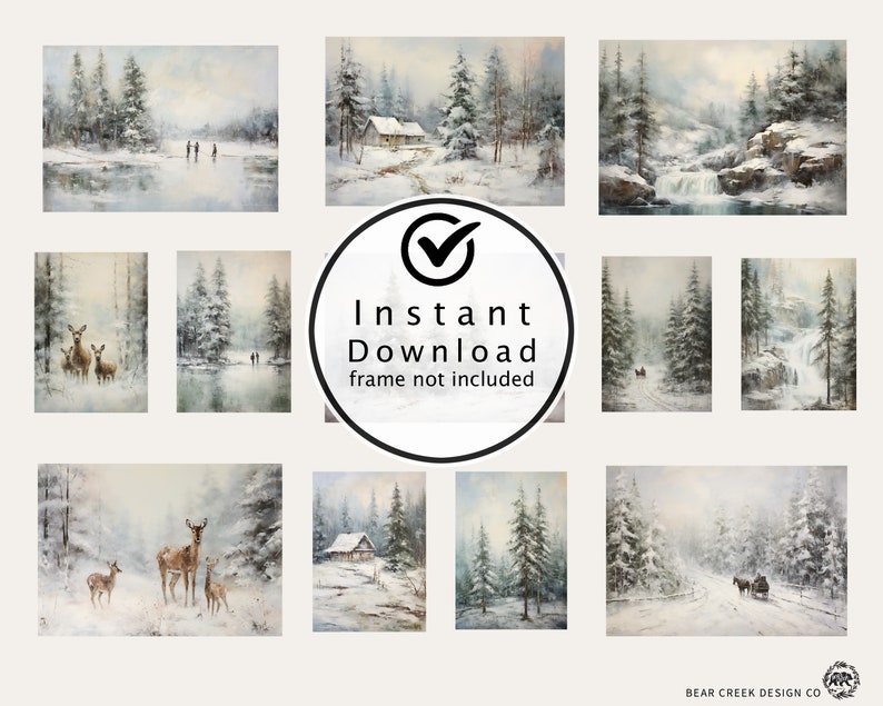 Set of 12 digital winter paintings: trees, cabin, deer, wagon, waterfall, and skating. Includes both portrait and landscape versions in muted green and white. Instant download.