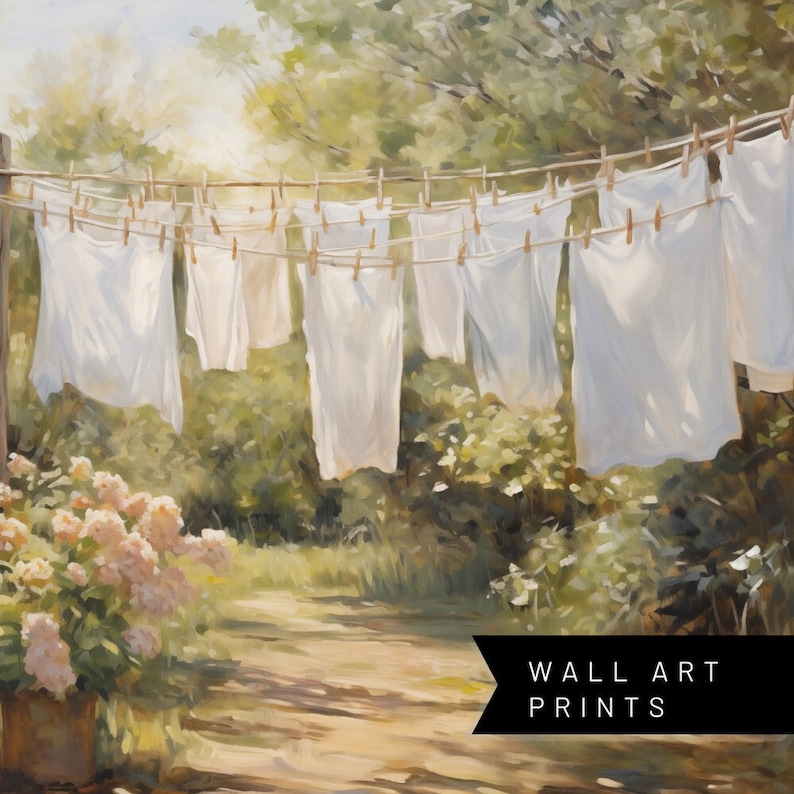 Charming laundry room art: Sheets on clothesline amid floral landscape, a modern print capturing serene spring scenery.