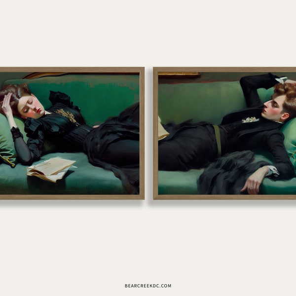 Dekadente Junge Frau und Mann Auf Couch Nach dem Tanz Download Stimmungsvolle Smaragdgrün Schlafzimmer Dekor Vintage Ölgemälde Wand Kunst Druck