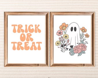 Cute Ghost Printable Halloween Wall Art Poster Set of 2 Spooky Season Digital Designs Downloads Trick or Treat Printable Digital Art