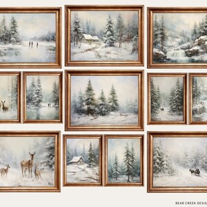 Set of 12 digital winter paintings: trees, cabin, deer, wagon, waterfall, and skating. Includes both portrait and landscape versions in muted green and white. Instant download.