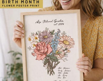 Mother’s Day Gift Personalized Family Birth Month Flower Poster Print Aesthetic Gifts for Women Unique Holiday Gift Home Decor