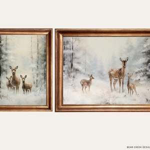 Set of 12 digital winter paintings: trees, cabin, deer, wagon, waterfall, and skating. Includes both portrait and landscape versions in muted green and white. Instant download.