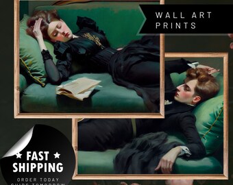 Decadent Young Woman and Man on Couch After the Dance Print Moody Emerald Green Bedroom Decor Vintage Oil Painting Wall Art Printed and Ship