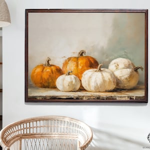 Impresión de calabaza Decoración de otoño Pintura de bodegones Arte de calabaza Arte de calabaza vintage Calabazas naranjas blancas Cartel de otoño Arte de pared de Halloween