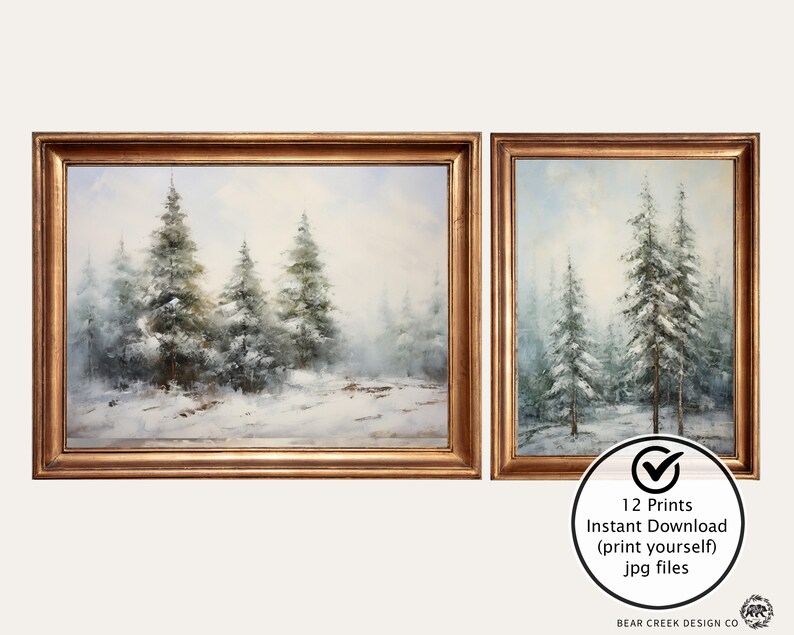 Set of 12 digital winter paintings: trees, cabin, deer, wagon, waterfall, and skating. Includes both portrait and landscape versions in muted green and white. Instant download.