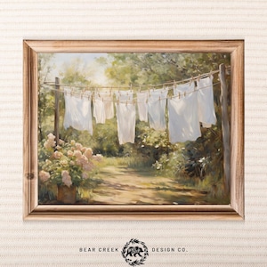 Sheets Hanging on Clothesline Laundry Room Art Print Painting Landscape Wall Art Modern Farmhouse Artwork with Flowers Nature Spring Scenery image 1