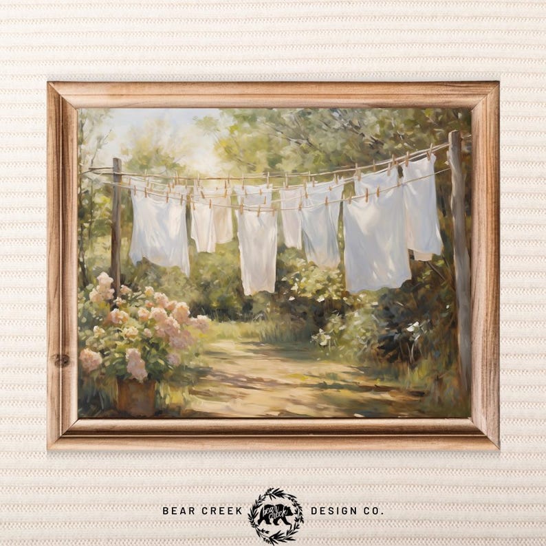 Sheets Hanging on Clothesline Laundry Room Art Print Painting Landscape Wall Art Modern Farmhouse Artwork with Flowers Nature Spring Scenery image 1
