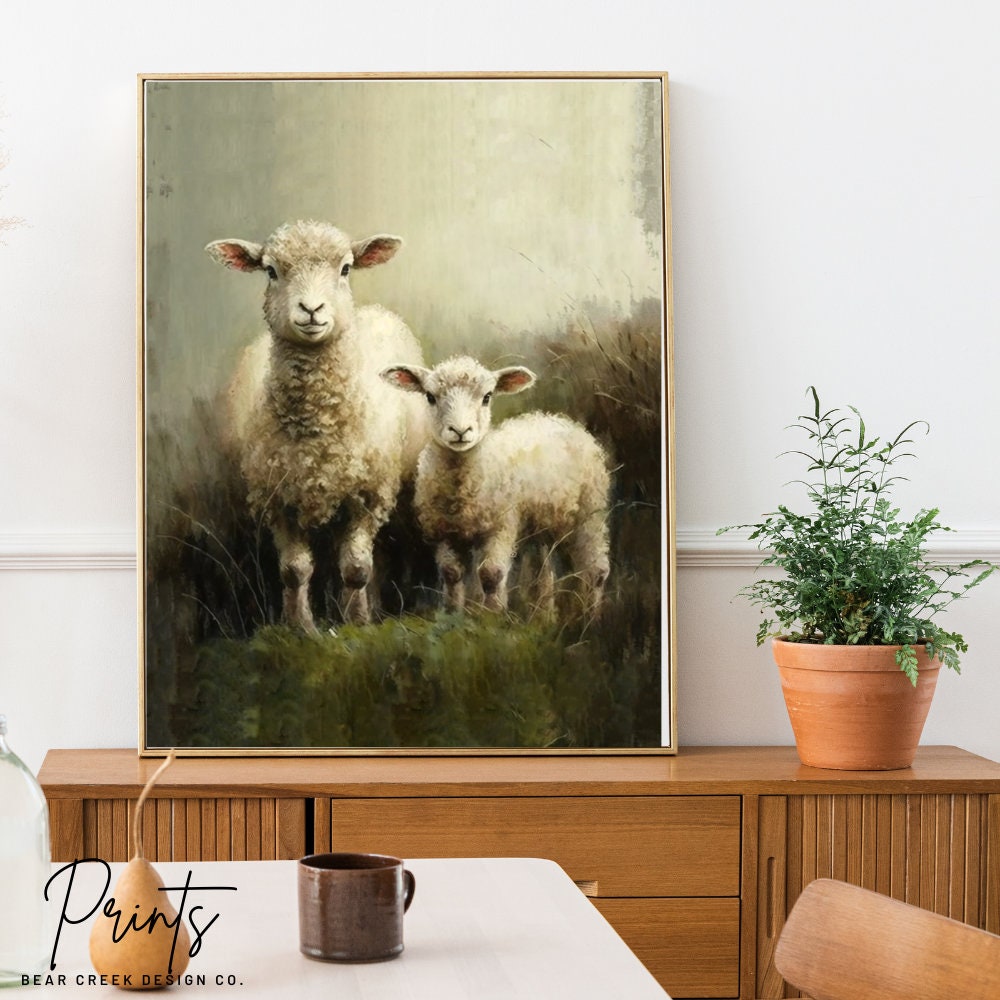 Sheep in Meadow Painting Print Vintage Sheep Oil Painting Print Lambs ...