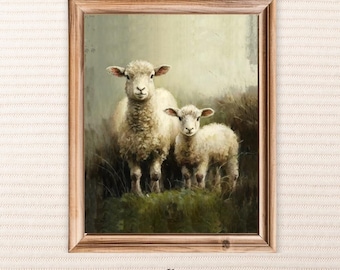 Sheep in Meadow Painting Print Vintage Sheep Oil Painting Print Lambs in Field Digital Print Shepherd Painting Neutral Painting Farmhouse