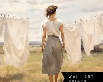 Hanging Laundry Room Painting Vintage Style Neutral Landscape Art Print for Wall Art Prints Trendy Room Posters Aesthetic Laundryroom Signs