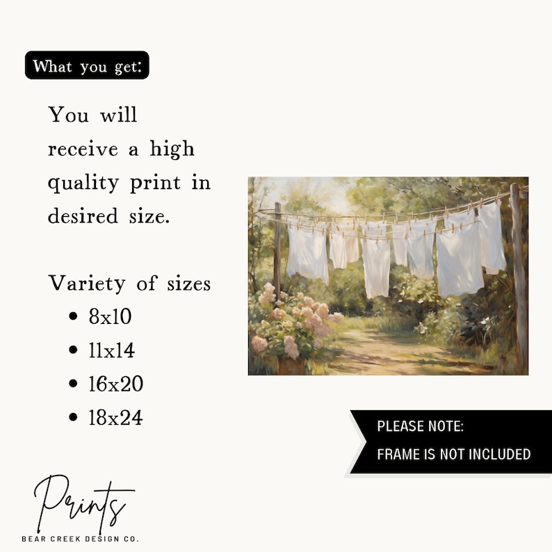 Charming laundry room art: Sheets on clothesline amid floral landscape, a modern print capturing serene spring scenery.