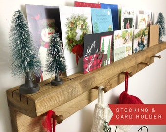 Christmas Stocking Holder Greeting Card Display, Shelf with Pegs Hooks, Holiday Card Holder, Farmhouse Christmas Decor, Wooden Peg Rack