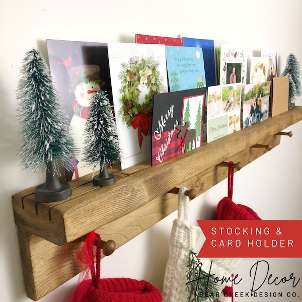 Christmas Stocking Holder Greeting Card Display, Shelf with Pegs Hooks, Holiday Card Holder, Farmhouse Christmas Decor, Wooden Peg Rack