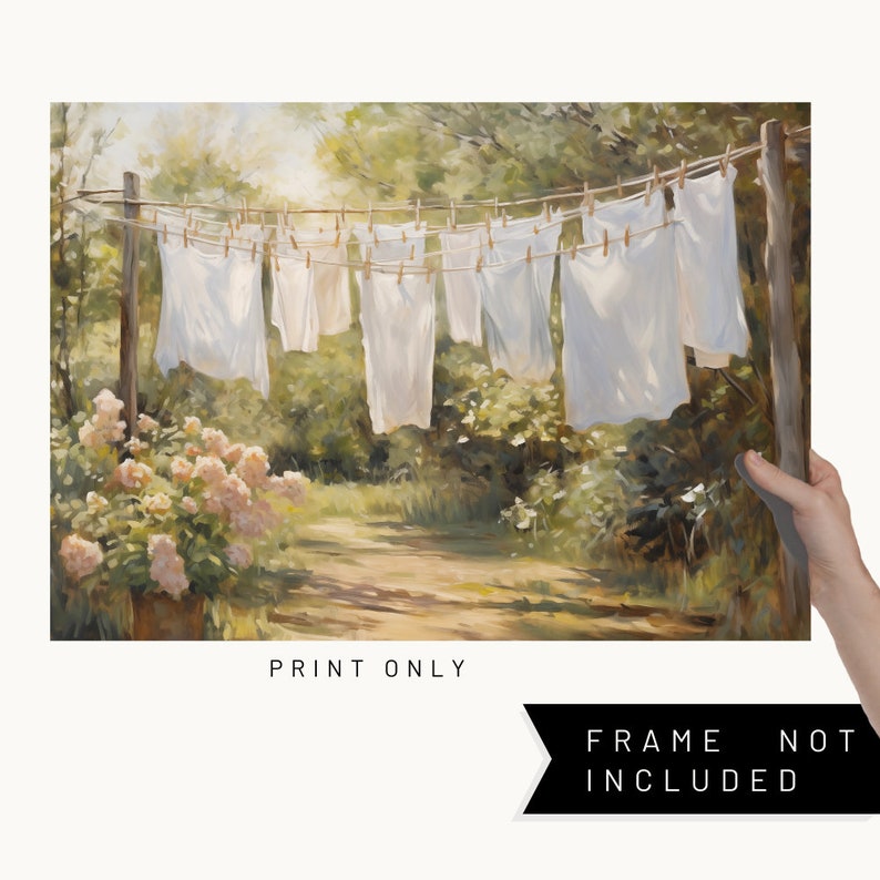 Charming laundry room art: Sheets on clothesline amid floral landscape, a modern print capturing serene spring scenery.