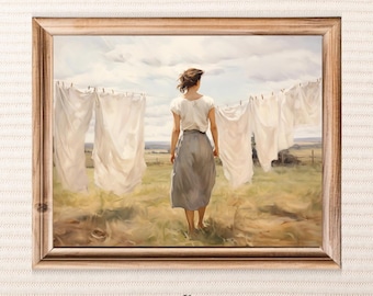 Hanging Laundry Room Painting Vintage Style Neutral Landscape Art Print for Wall Art Prints Trendy Room Posters Aesthetic Laundryroom Signs