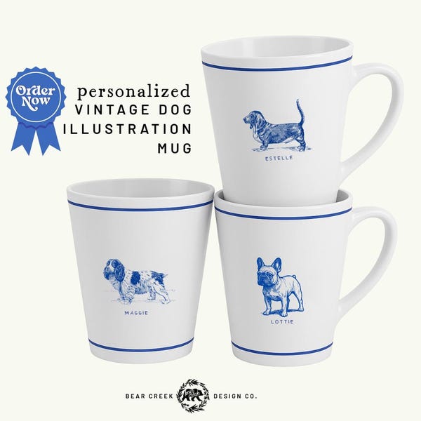 Vintage Dog Illustration Mug, Personalized Pet Art, Dog Art Coffee Cup, Custom Dog Name Gift for Pet Lovers, Home Decor English Cottage