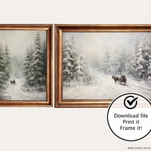 Set of 12 digital winter paintings: trees, cabin, deer, wagon, waterfall, and skating. Includes both portrait and landscape versions in muted green and white. Instant download.