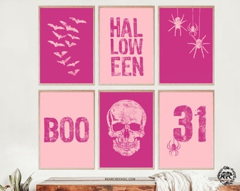 Pink Halloween Print Pastel Halloween Print Set of 6 Prints Wall Art Gallery Prints Cute Halloween Poster Bundle Trendy Magenta Pale Pink