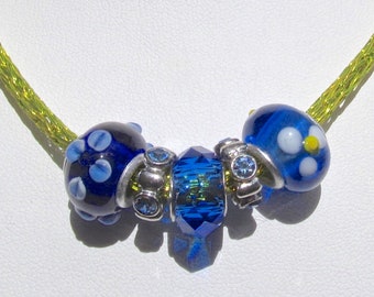 18" Viking Knit Necklace-Lime Green with Complimentary Blue Glass & Crystal Slider Beads