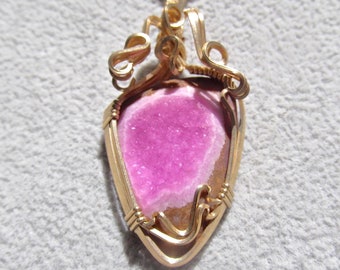 14K Gold Fill Wire Wrapped Cobalto Calcite Druzy Pendant-41 Cts.  43mm L X 22mm W