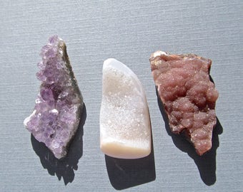 3 Crystal Drusy/ Druzy Cabochons: Amethyst and Calcite-143 Cts.