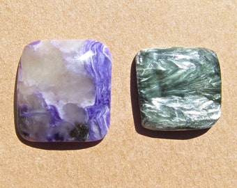 Chatoyant Russian Seraphinite and Charoite Pair Cabochons-29.5 Cts. Total