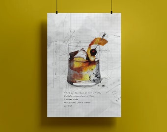 Old Fashion Cocktail Print,  Cocktail Wall Art Print, Cocktail Art Download, Bar Print Art, Drink Print Art, Printable Cocktail Download
