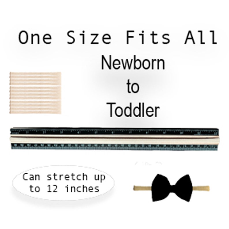 Puede incluir: Un lazo negro sobre una diadema beige, con el texto "One Size Fits All Newborn to Toddler." La imagen tambi&eacute;n incluye una regla y el texto "Puede estirarse hasta 30.5 cm."